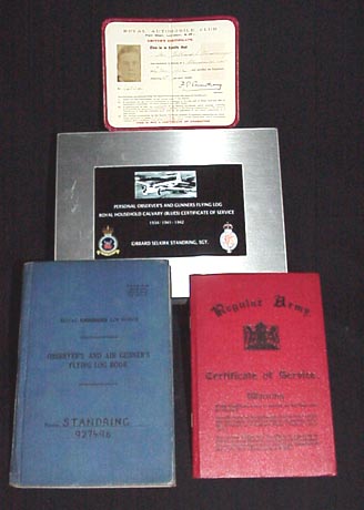 Item #5929 (1.) Royal Automobile Club Driver's Certificate. (2.)Regular Army Certificate of Service. ((3.) Personal Observer's and Gunners Flying Log Book. Sgt. Gibbard Selkirk Standring.